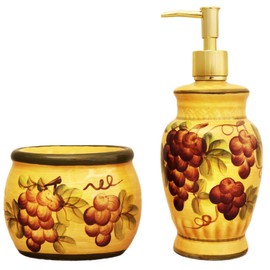 Tuscany Grape Hand Painted Ceramic Collection by ACK (Soap Dispenser and Sponge Holder Set)
