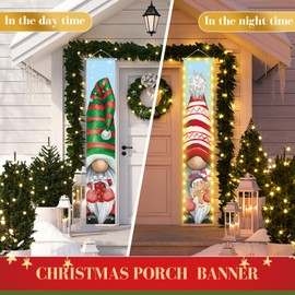 2 Pcs Gnomes Porch Signs Banner with LED String Merry Christmas Banners Lights Hanging Porch Signs Banner Xmas for Indoor Outdoor Home Garage Wall Holiday Party Welcome Sign Decorations