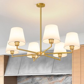36" Gold Dining Room Chandelier (6-Light, 36-Inch), Adjustable Linear Chandelier for Dining Room Light Fixture with White Fabric Shade, Linear Pendant Light Fixture for Kitchen Bulb Not Included