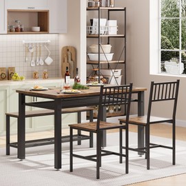 GarveeHome Dining Table Set for 4, 4 Pieces Dining Table Set for Home, 1 Table with 2 Chairs and 1 Bench, Table and Bench wth Storage Rack, Dinner Table Set with Metal Frame, for Small Space/Apt