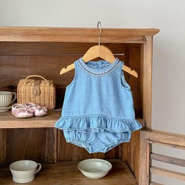 HOOLCHEAN Baby Infant Girls Soft Denim Sweet Sleeveless Ruffle Hem T-shirt Dress and Shorts Set, 90: 18-24 Months