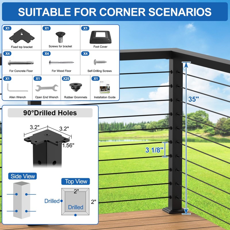 PLANTOP 35" Stainless Steel Corner Cable Railing Post, Black Top