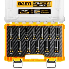 boen 13PCS 7mm-21mm 3/8” Drive Metric Socket Set, Impact Deep Socket, 6-Point with Yellow Embossed Marking, CR-MO Steel