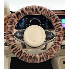 Forala Fluffy Cheetah Car Steering Wheel Cover Luxurious Faux Fur Leopard Print Cute Wheel Protector Universal 15 Inch Fit for Vehicle, Car, Auto, SUV Winter Warm (Ginger)