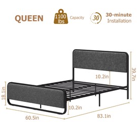 GarveeHome Queen Size Metal Bed Frame with Curved Upholstered Headboard and Footboard, 10.3'' Underbed Space, No Box Spring Needed, Easy Assembly, Grey