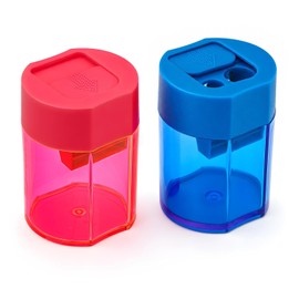Pencil Sharpener with Container, Pack of 2, Double Hole Sharpener with Sliding Lid, Manual Sharpener, Thick and Thin Pencils, Pencil Sharpener for Children, School, Office (Neon Pink, Blue)