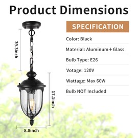 JYZ Vintage Dusk to Dawn Outdoor Hanging Lantern, 17 Inch Rustic Exterior Pendant Light Fixture with Seeded Glass, Antique Black Ceiling Mount Chandelier for Porch, Patio, Gazebo, Entryway JYOPL04-L