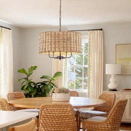 JZQWCK Rattan Chandelier for Dining Room, 5 Lights Boho Drum Chandelier Light Fixture, 18.9" Large Rattan Pendant Light Woven Coastal Chandelier for Kitchen Island Entryway Foyer, Height Adjustable
