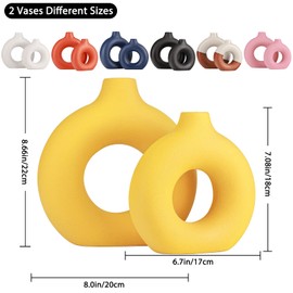 Yellow Vase Decor Donut Vase Set of 2 - Circle Hollow Vases, Modern Matte Ceramic Vases for Entryway Living Room Bedroom Dining Table Centerpiece Office Home Decor