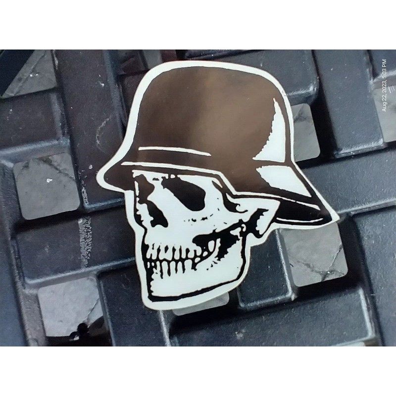 Small Hand made Decal Sticker Smiling SKULL BIKER HELMET Left