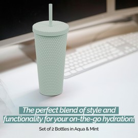 Copco 22oz Studded Insulated Tumblers with Straw and Lid, Set of 2, Acrylic Reusable Cold Drink Tumblers, Spill-Resistant, BPA-Free, Travel-Friendly, Cupholder Compatible (Aqua/Mint)