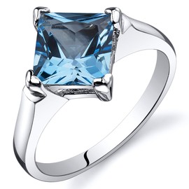 PEORA Swiss Blue Topaz Engagement Ring for Women 925 Sterling Silver, Classic Solitaire, Natural Gemstone, 2 Carats Princess Cut 7mm, Size 8, Engagement, Promise, Statement Ring, w/Jewelry Box