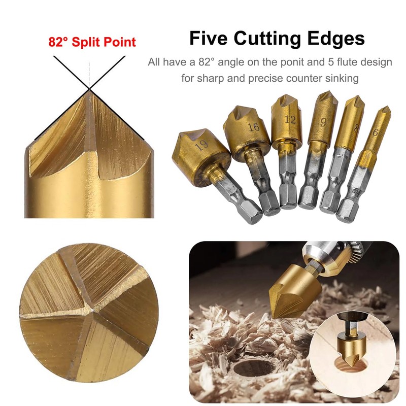 Bestgle 6Pcs 1/4" Countersink Drill Bit Set 5 Flute 82