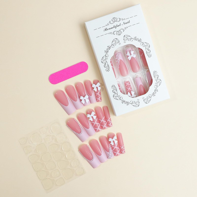 24pcs Long Coffin False Nails - Pink French Tip Press