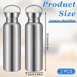 2 Pack Stainless Steel Sports Water Bottles, 26OZ 18/8 Stainless Steel Water Bottle Uninsulated Single Walled Metal Waters Bottle for Cyclists, Runners, Hikers, Silver