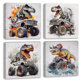 Namoset Dinosaur Truck Wall Art for Boys Room, Kids Room Decor, 12x12 In