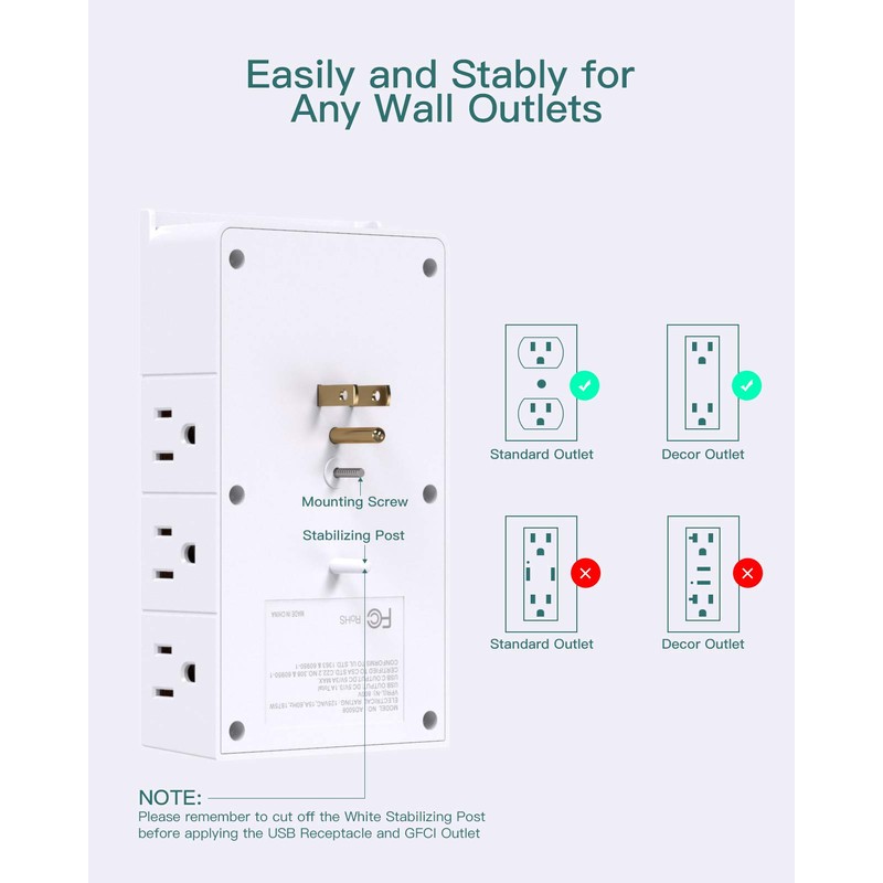 Addtam Multi Plug Wall Outlet, Surge Protector Wall Mount with