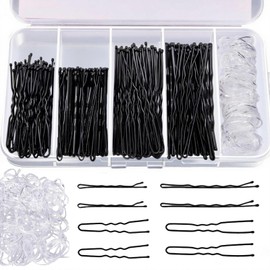 300pcs Hair Pin Set with 2 Sizes of Black Bobby Pins, Styling Hair Pins, and Transparent Hairs Bands, Durable Metal U Pins, Secure Hold, Multi-Occasion Versatile Accessories Use for Women & Girls
