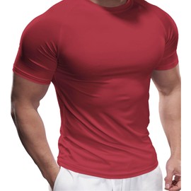Fioboc Mens Shirts Short Sleeve Compression Crew Neck Tee Running Gym Workout Tee Tops Quick Dry Workout Summer T-Shirts Carmine 4XL