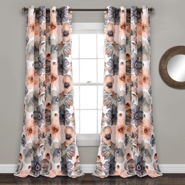 Lush Decor Room Darkening Window Curtain Panel Pair Leah Floral Insulated Grommet, 95" L, Coral and Gray
