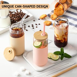 VITEVER 20 OZ Glass Cups with Bamboo Lids and Straws - Beer Can Shaped Drinking Glasses with Silicone Protective Sleeve Set, Iced Coffee Glasses, Cute Tumbler Cup for Water, Tea, Gift - Pink, Amber