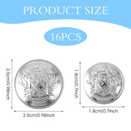 16pcs Silver Blazer Buttons Silver Buttons for Blazers Women Metal Suit Button for Men Brass Sewing Knob with Shank Retro Alloy Decorative for Clothing Sewing, Christmas DIY Crafts