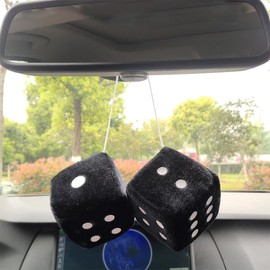 1 Pair 3” Black Fuzzy Plush Dice Classic Vintage [Nostalgic 80’s Fuzzy Car Dice for Mirror ] for Automotive Interior Mirrors