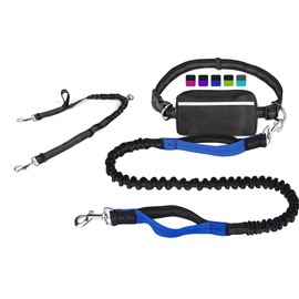 Petmotion Hands-Free Double Dog Lead with Waist Belt, Bungee Splitter Leash & Storage Pouch, Padded Handles, Reflective No-Pull Design for Running, Walking & Jogging, for Medium & Large Dogs (blue)