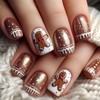 Christmas Press On Nails Square Short Fake Nails Brown Acrylic