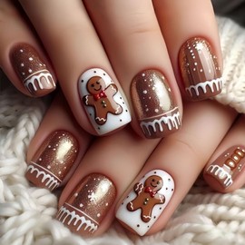 Christmas Press On Nails Square Short Fake Nails Brown Acrylic Nail Press Ons Christmas False Nails With Gingerbread Man Designs Winter Glue On Nails Holiday Stick On Nail For Women