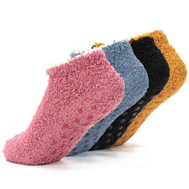 Kunoli 4 Pack Fluffy Slipper Socks for Women Men, Warm Non Slip Grip Bed Socks for Winter, Thermal Slipper Socks with Grippers for Causal Home Sleeping (Fit UK 4-7)