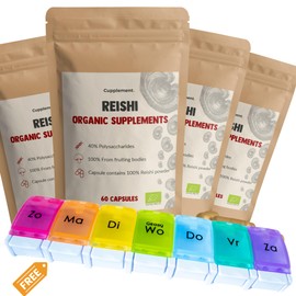 Cupplement - 4 Bags of Reishi Capsules 60 Pieces - Free Pill Box - 500 mg Capsule - Organic - No Powder or Extract - Supplement - Superfood - Mushroom - Dietary Supplement - Mushrooms - Organic