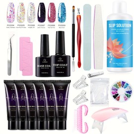 Professional Poly Nail Gel Extension Kit for Beginners - Poly Extension Gel with Slip Solution & Mini UV Lamp, Nail Art Design Set,All-in-One French Kit,Nail Thickening Solution (6 Glitter powder1)