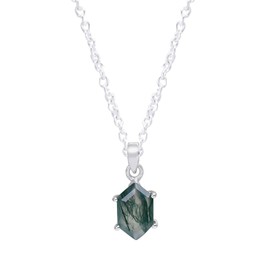 GEMKORA Real Moss Agate Hexagon Prong Gemstone Dainty Pendant Necklace, Healing Chakra Stone, Birthstone, Natural Crystal, Women Jewelry, Energy Stone, Gift Giving 925 Sterling Silver Chain 18 inch