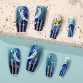 Moon Press on Nails Medium Square Fake Nails Constellation Stick on Nails Blue Gradient Acrylic Glue on Nails Glossy Artificial False Nails Full Cover Uñas Postizas Reusable Nails Kit for Women Girls