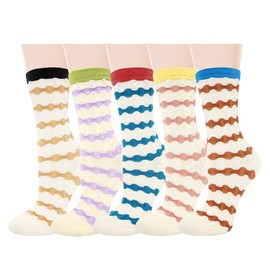 Violet Mist Womens Cute Cotton Crew Socks Funny Novelty Colorful Striped Patterned Design Dress Socks Girls Lovely Fun Crew Casual Sock Retro Sock with Stripes 5 Pairs, Wave Striped