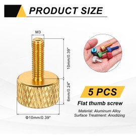 sourcing map 5 Pcs M3x10mm Flat Head Knurled Thumb Screws, Solid Aluminum Alloy Fully Threaded Thumbscrew Bolts Fasteners for PC Computer Cases Graphics Card, Gold