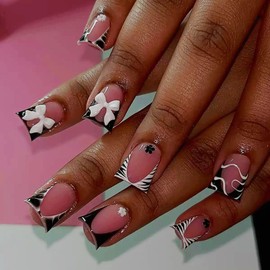Square Press on Nails Short Fake Nails with 3D Bow Flower Charms Design Glue on Nails Zebra Stripes French Tip False Nails Glossy Full Cover Stick on Nails for Women 24Pcs