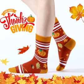 SATINIOR 4 Pair Fall Sock Autumn Novelty Sock Thanksgiving Holiday Sock Leaves Pumpkin Turkey Print Sock for Women Girl Gift