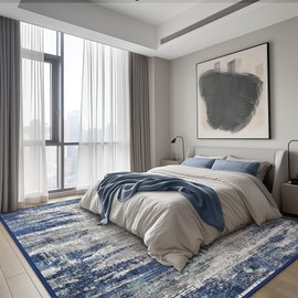 Bavni 8x10 Area Rugs, Abstract Modern Living Room Rugs, Large Machine Washable Rug Non-Slip, Soft Pet Friendly Rugs for Bedroom, Playroom, Dining Room, Indoor, Blue/Ivory