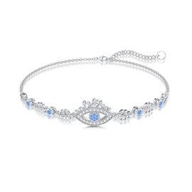Midari Evil Eye Anklet for Women 925 Sterling Silver Adjustable Delicate White Cubic Zirconia Leaves Lucky Moon Evil Eye Foot Jewelry Accessories Bohemian Anklet for Women