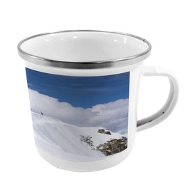 Ambesonne Winter Steel Camping Mug, Flying Snowboarder on The Mountaintop with Cloudy Sky Extreme Sports Theme Photo, Printed Thermal Cup for Camping and Outdoor Activities, Blue White