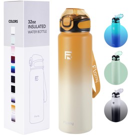 Flarny 32 oz Insulated Water Bottle with Straw, Stainless Steel Metal Thermos Bottles, Durable Non-Slip Gradient Bottle with Strap for Sports and Travel, Leak Proof (Yellow White)