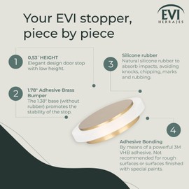 EVI Herrajes | Adhesive Door Stop | Ø1.75" X 0.55" | Adhesive Installation | Brass Satin Matte Finish | White Natural Silicone Rubber | Mod. I-203X12BMT