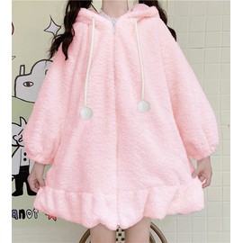 BZB Kawaii Anime Bunny Ear Hoodies For Women Sweet Lovely Fuzzy Fluffy Rabbit Sweater Tops Cosplay Jacket Coats Pink