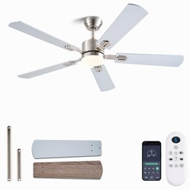FUMLTP 56 inch Ceiling Fans with Lights and Remote/App Control, DC Reversible Motor, Dimmable, Double-Side blades, 6 Speeds Low Profile Modern Ceiling Fan for Livingroom, Indoor/Outdoor（Nickel）