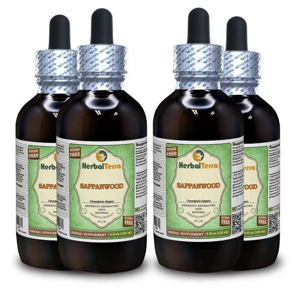 Sappanwood (Caesalpinia Sappan) Glycerite, Organic Dried Heartwood Alcohol-FREE Liquid Extract (Brand name: HerbalTerra, Proudly made in USA) 4x4 fl.oz (4x120 ml)