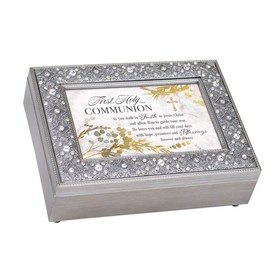 Cottage Garden First Holy Communion Filigree Jeweled Bead Silver Tone Music Box Plays Friend in Jesus