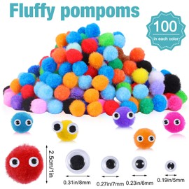 Poen 2000 Pcs Pom Poms with Wiggle Eyes 1 Inch Colorful Craft Pompoms Fuzzy Pom Poms Balls for DIY Creative Crafts Decorations Craft Project