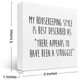 z-crange My Housekeeping Style is Best Described Wood Box Sign Decor Desk Sign,Funny Saying Box Block Sign for Farmhouse Home Shelf Table Decor Decorations